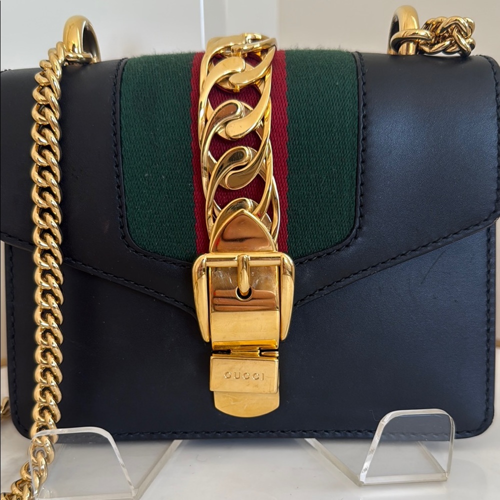 Gucci Black and Green Leather Chain Bag mini Sylvie